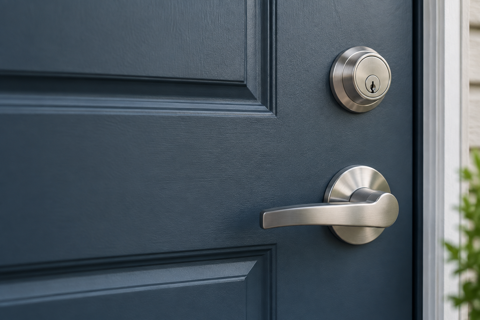 Brushed silver deadbolt and door handle on a blue front door